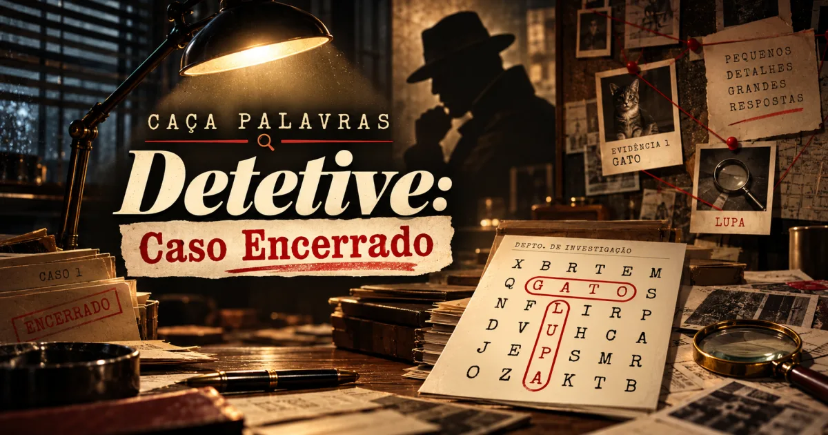 Capa de Caça-Palavras Online Grátis: Caso Encerrado, Jogo de Detetive