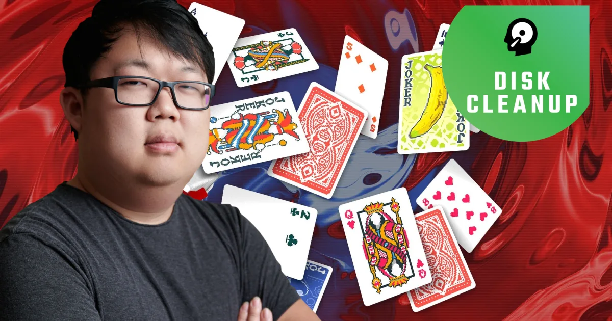 Ilustração editorial de um jogador diante de um PC com uma lista de conquistas e cartas de jogo