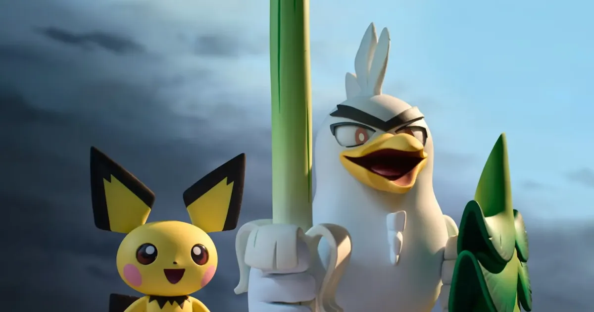 Ilustração editorial de Sirfetch'd e Pichu em uma paisagem campestre inspirada em Galar, em estilo de animação stop-motion