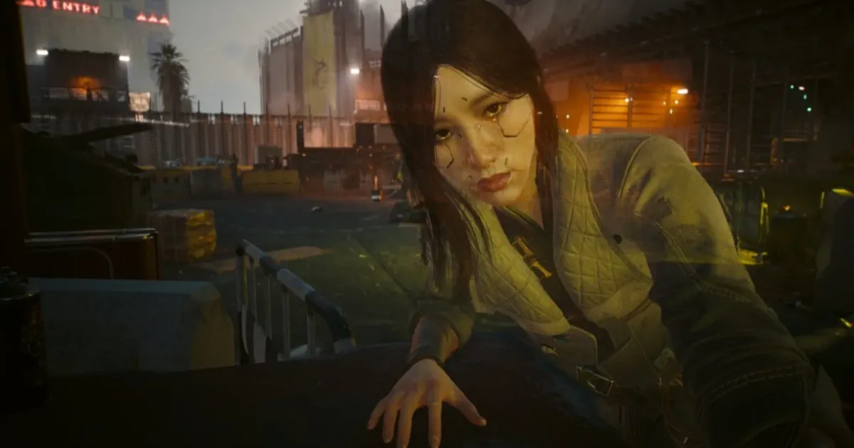 V de Cyberpunk 2077 em ilustração editorial de atualização com armas duplas em Night City