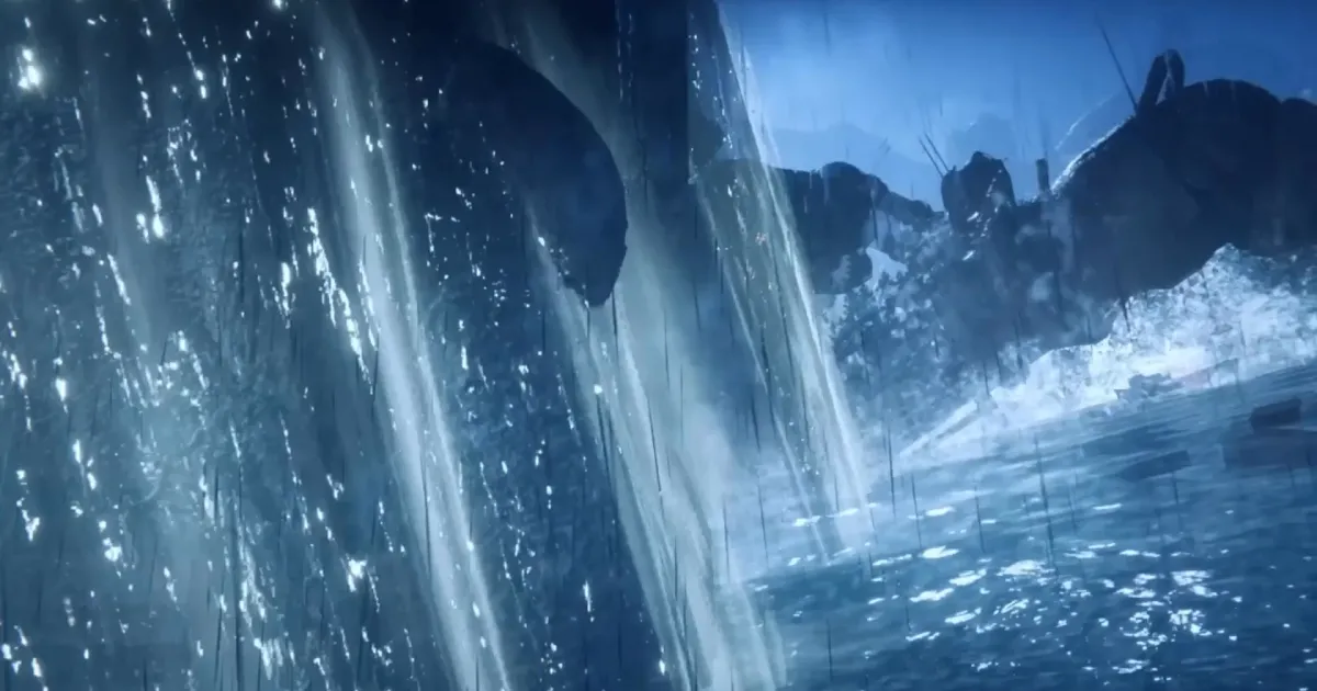 Navio fortificado navegando em oceano sombrio com névoa e uma torre ao fundo, em ilustração inspirada em Once Human: Isles of Abyss