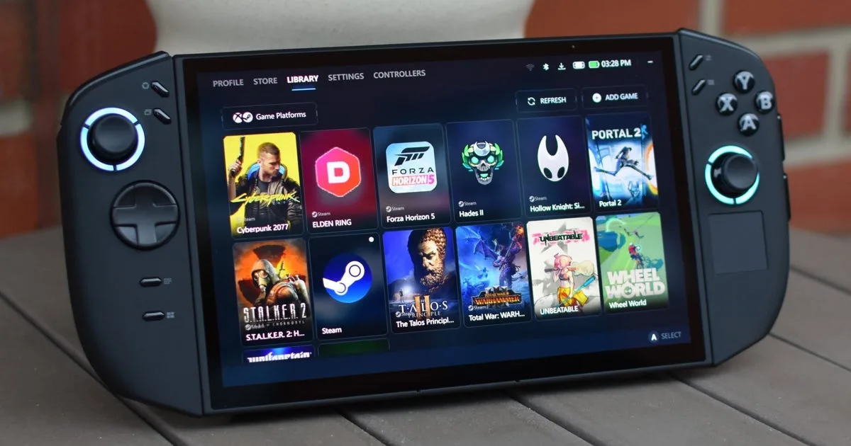 Ilustração de um console portátil de PC exibindo um jogo com gráficos nítidos, representando o upscaling FSR 4 da AMD