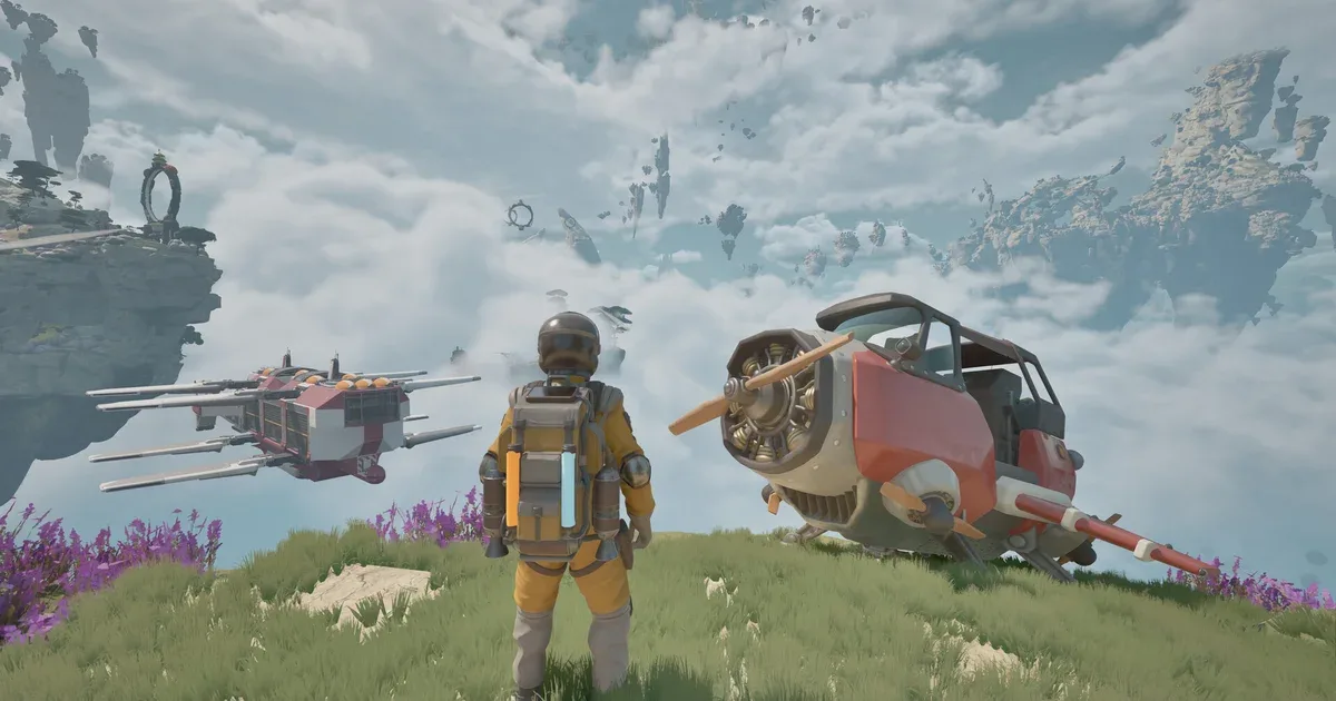 Ilustração de ilhas flutuantes e aeronaves em um céu aberto, evocando um jogo de survival cooperativo aéreo