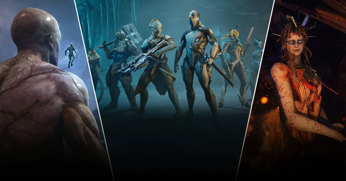 Ilustração editorial de guerreiros Tenno de ficção científica em um cenário gélido, representando a atualização de outubro de Warframe
