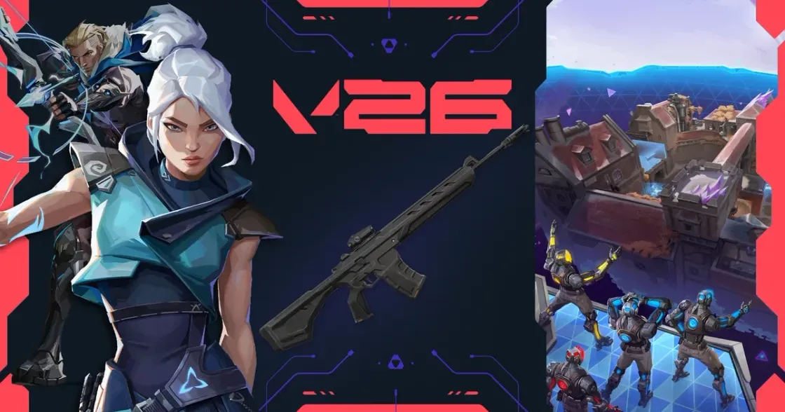Ilustração editorial de agentes de VALORANT em combate 2v2 em uma arena futurista