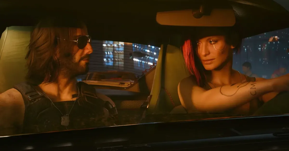 Ilustração editorial de Night City com um personagem cyberpunk empunhando duas armas