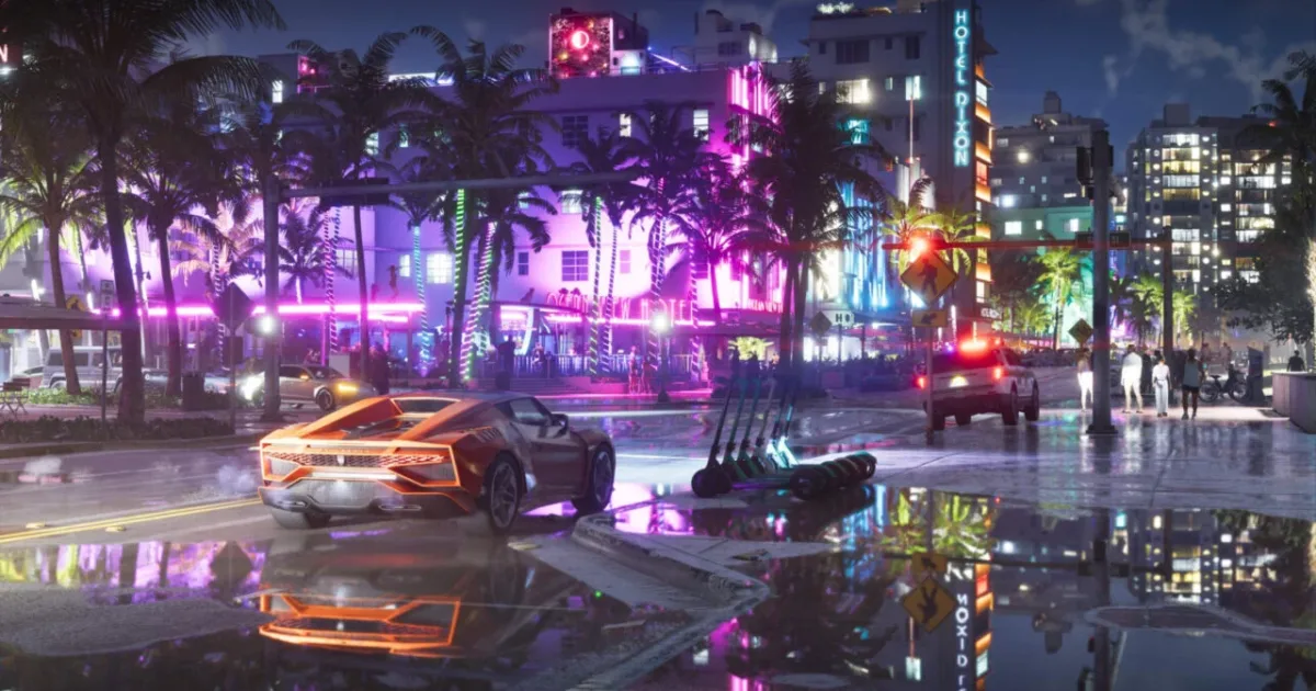 Ilustração editorial de rua urbana à noite sob chuva com neons e reflexos no asfalto, inspirada em Vice City