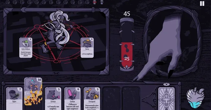 Ilustração editorial de um card game ocultista desenhado à mão com cartas de criaturas em um pentagrama